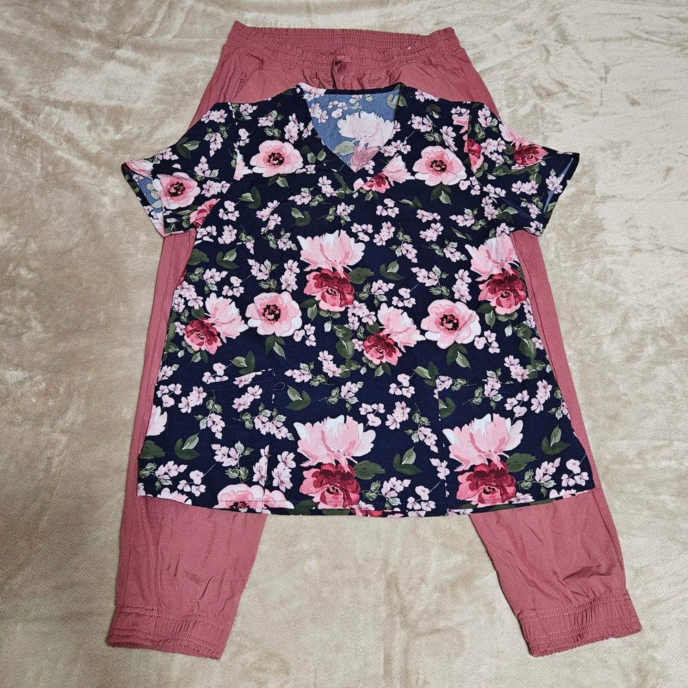 Womens Floral Scrub Set V-Neck Top Large Jogger Pants XL Pink